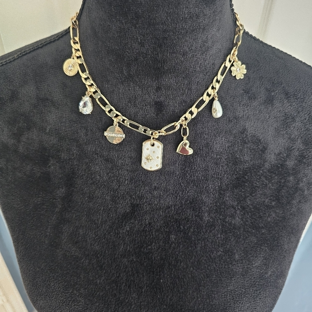NWT On 34th Gold, Crystal, Pearl Mixed Charm Necklace Unique 18" - Picture 4 of 14